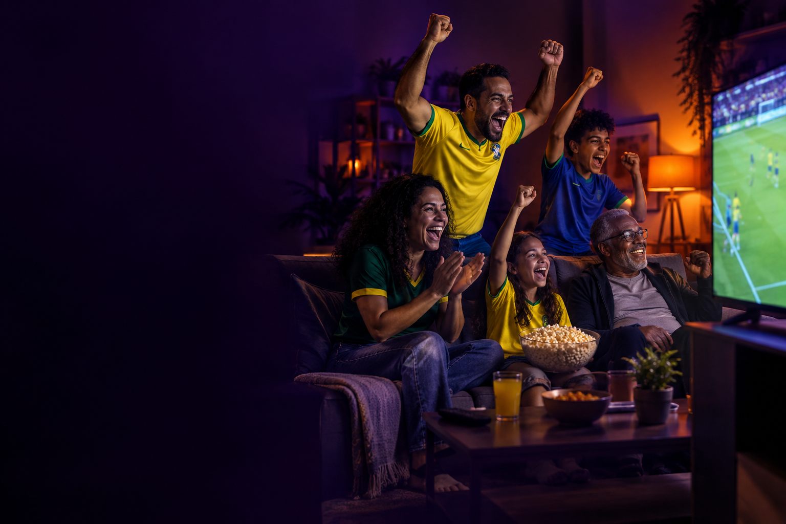 Família reunida no sofá comemorando um gol enquanto assiste ao jogo