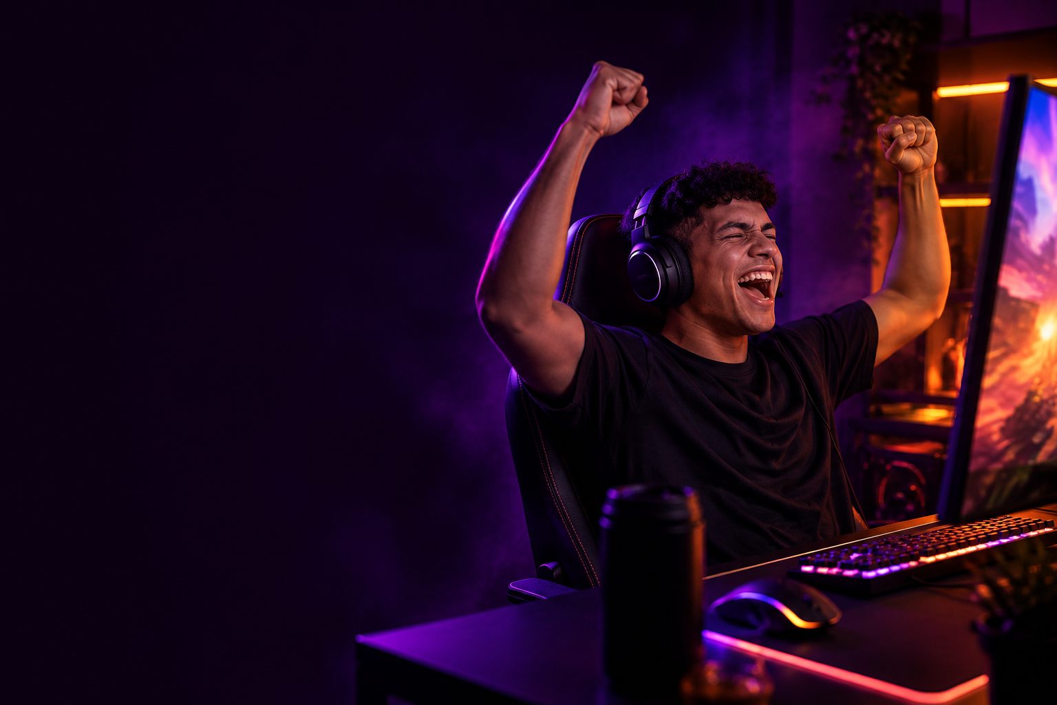 Gamer de headset comemorando a vitória com os braços para cima em frente ao monitor