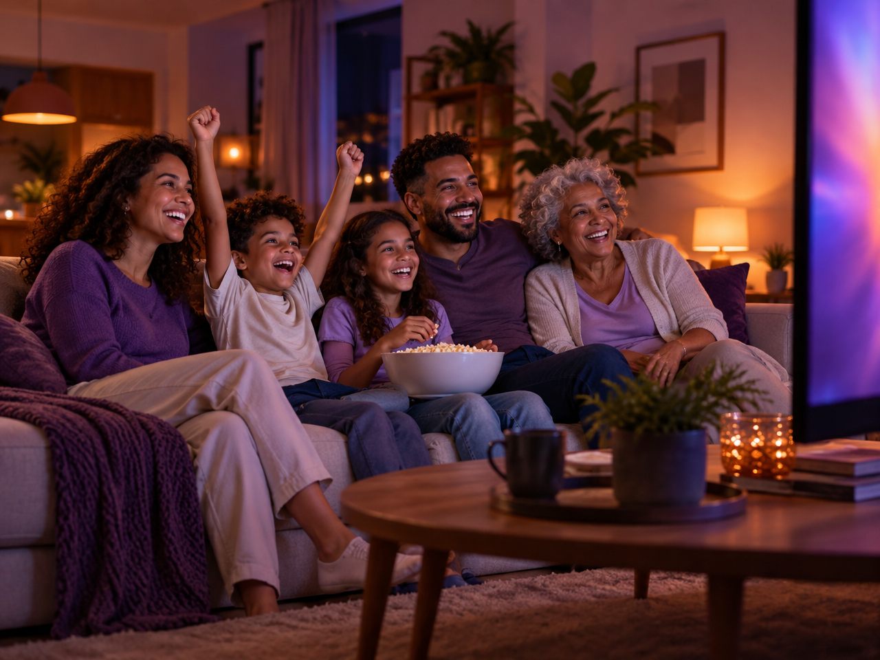 Família feliz no sofá da sala assistindo TV juntos, com pipoca